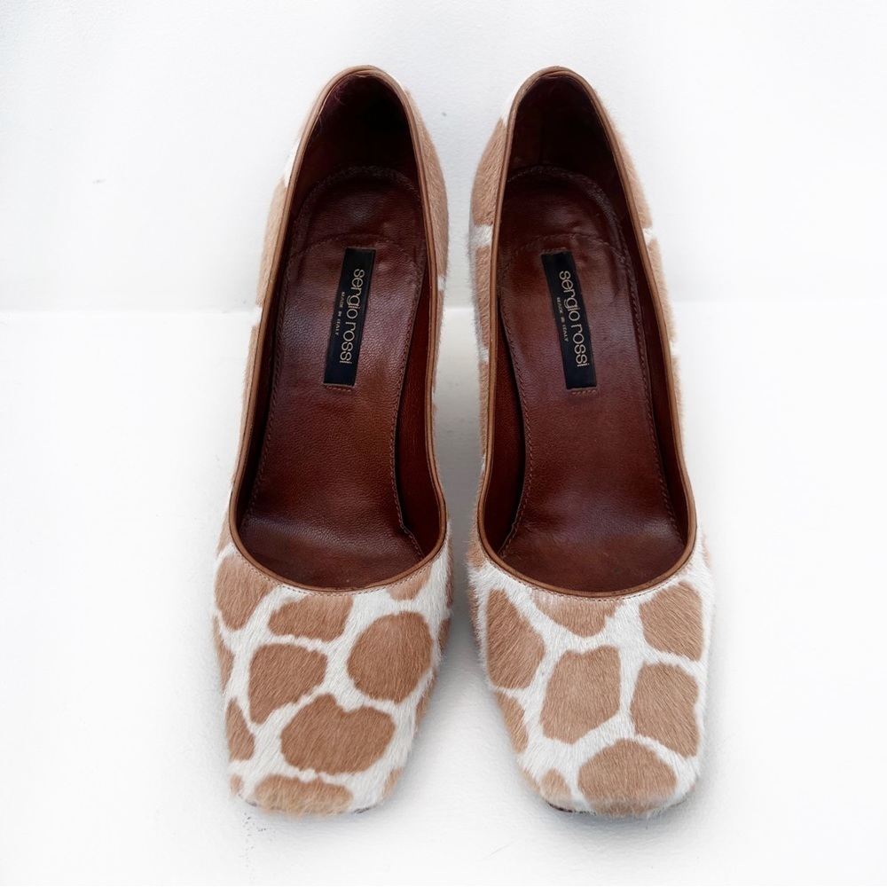 Sergio Rossi Pony Hair Printed Pumps Wedges Heels Shoes Cream/Tan Women's Size 7